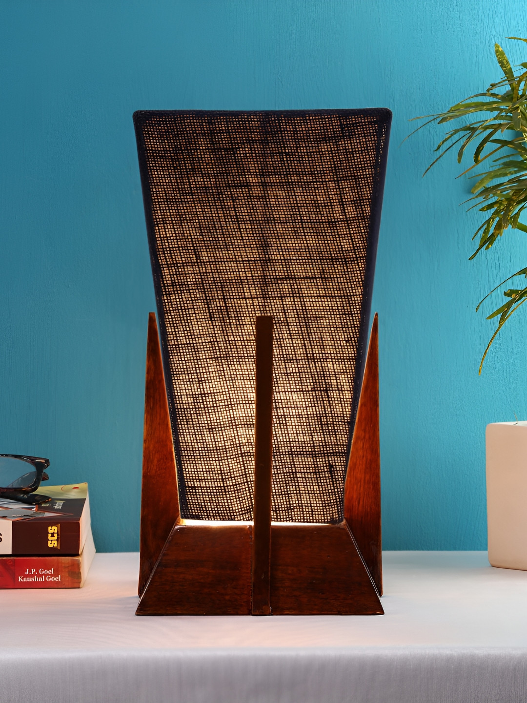 Devansh Blue Wooden Textured Contemporary Triangle Shaped Table Lamp