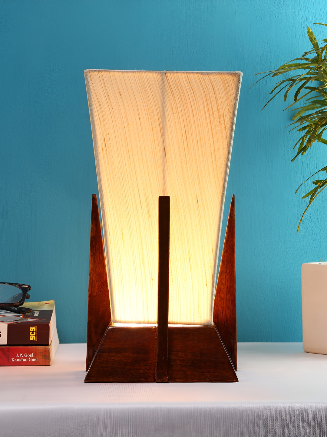 Devansh Off White Wooden Contemporary Triangle Shaped Table Lamp