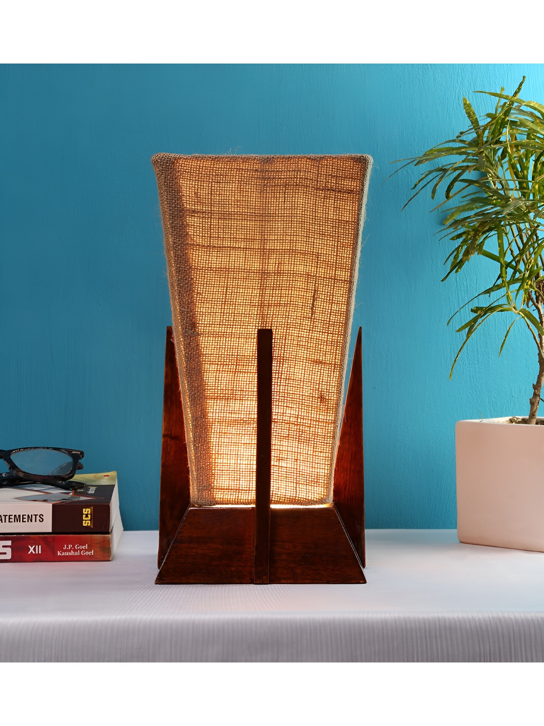 Devansh Beige Wooden Textured Contemporary Triangle Shaped Table Lamp