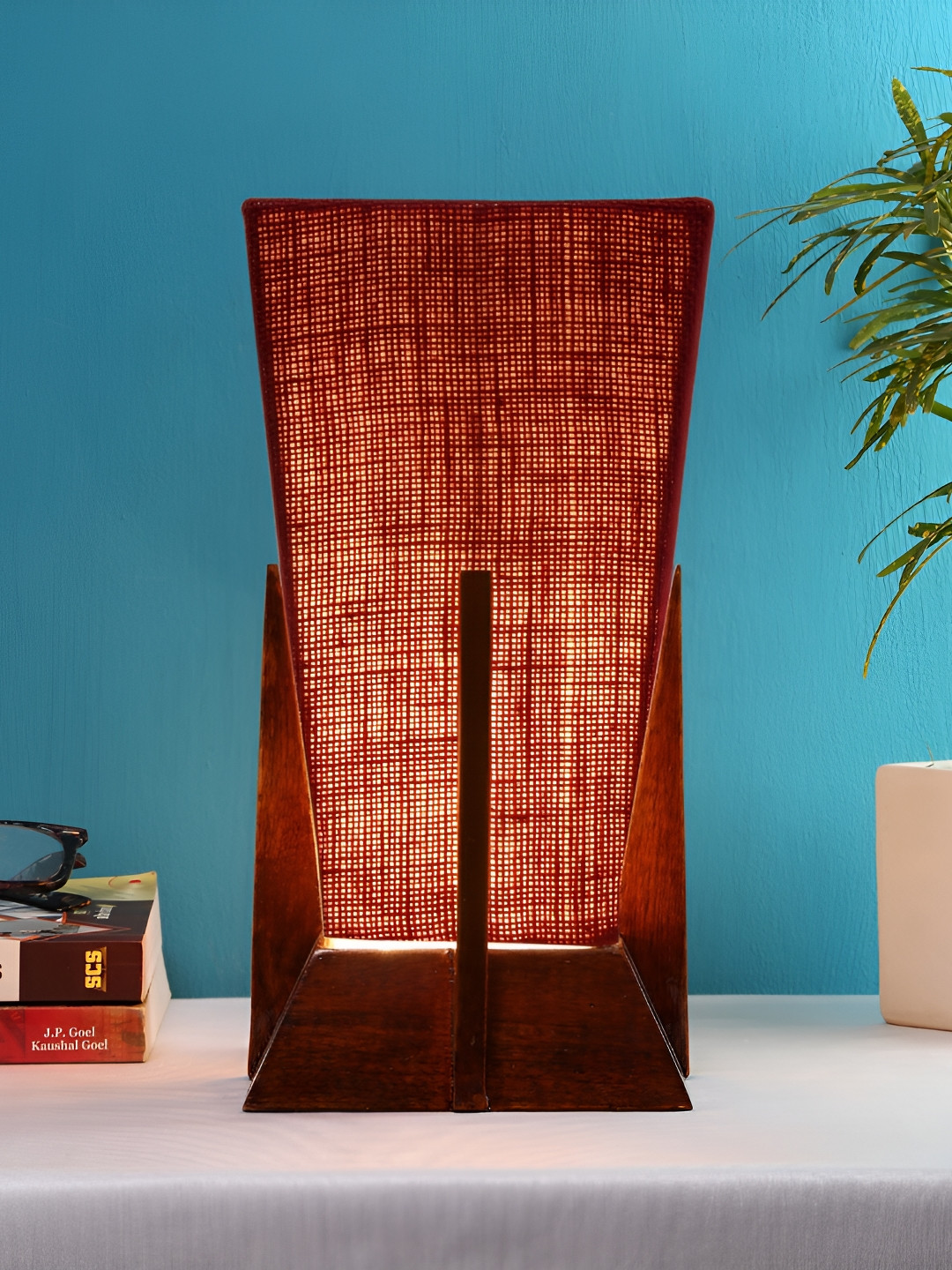Devansh Maroon Wooden Textured Contemporary Triangle Shaped Table Lamp