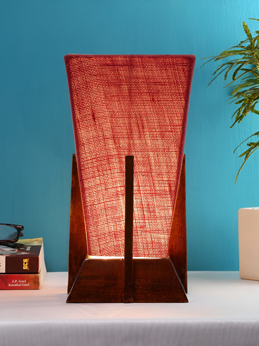 Devansh Pink Wooden Textured Contemporary Triangle Shaped Table Lamp