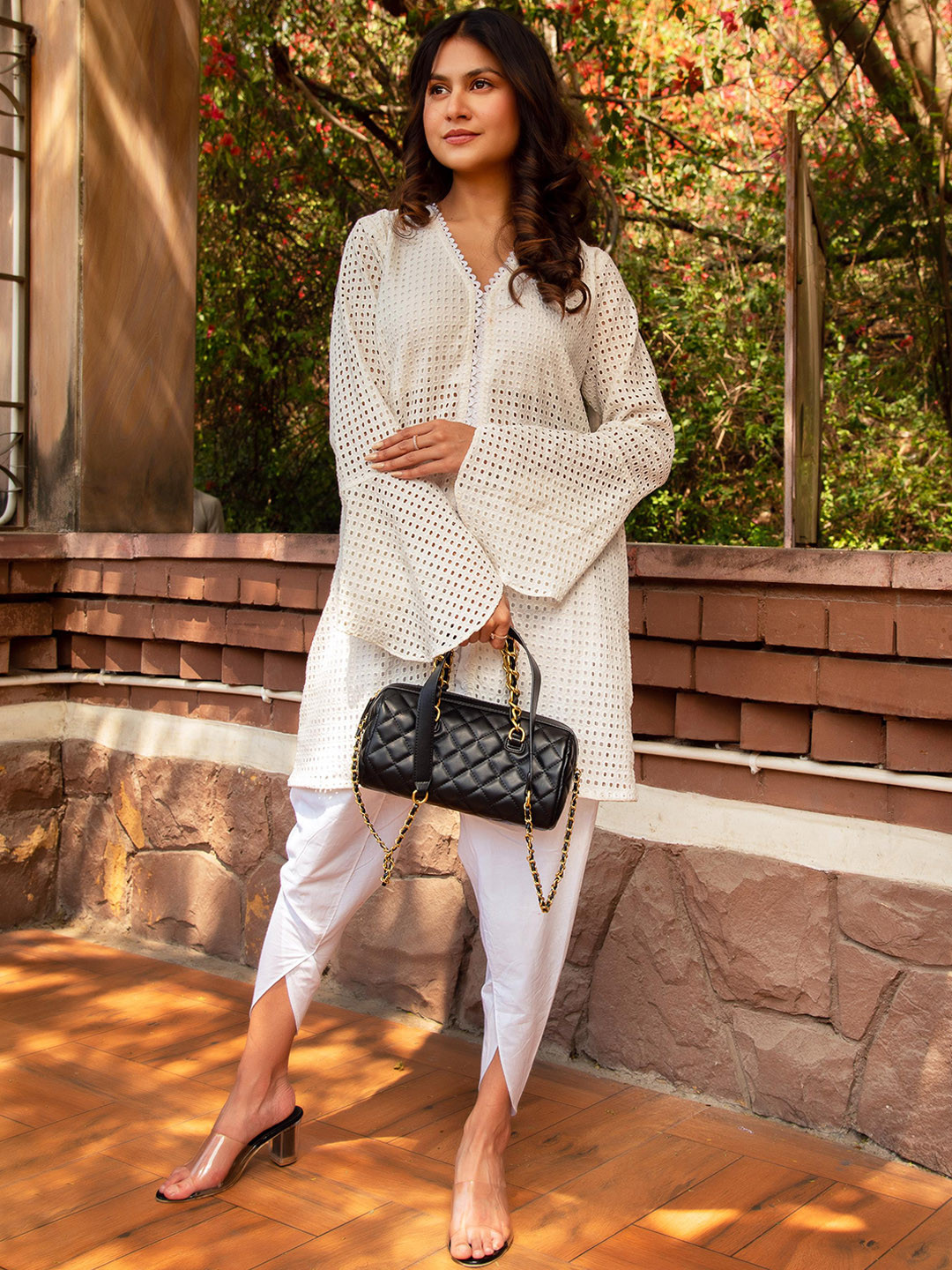 Calmna Schiffli Self Design V-Neck Tunic With Trouser