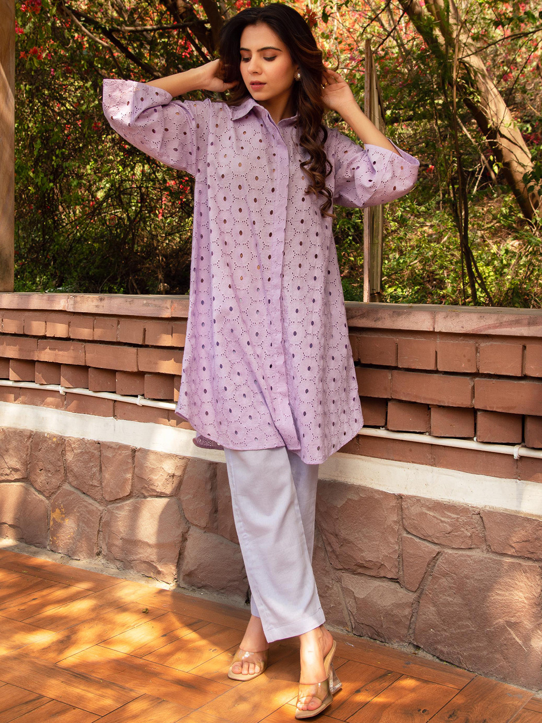 Calmna Schiffli Self Design Shirt Collar Longline Shirt With Trouser