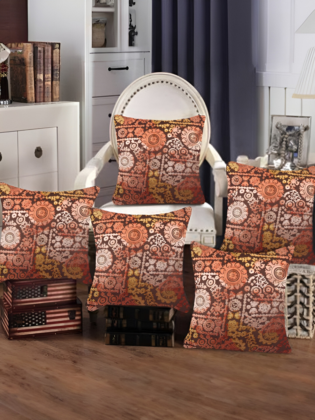 Tesmare Brown & Rust 5 Pieces Ethnic Motifs Printed Velvet Square Cushion Covers