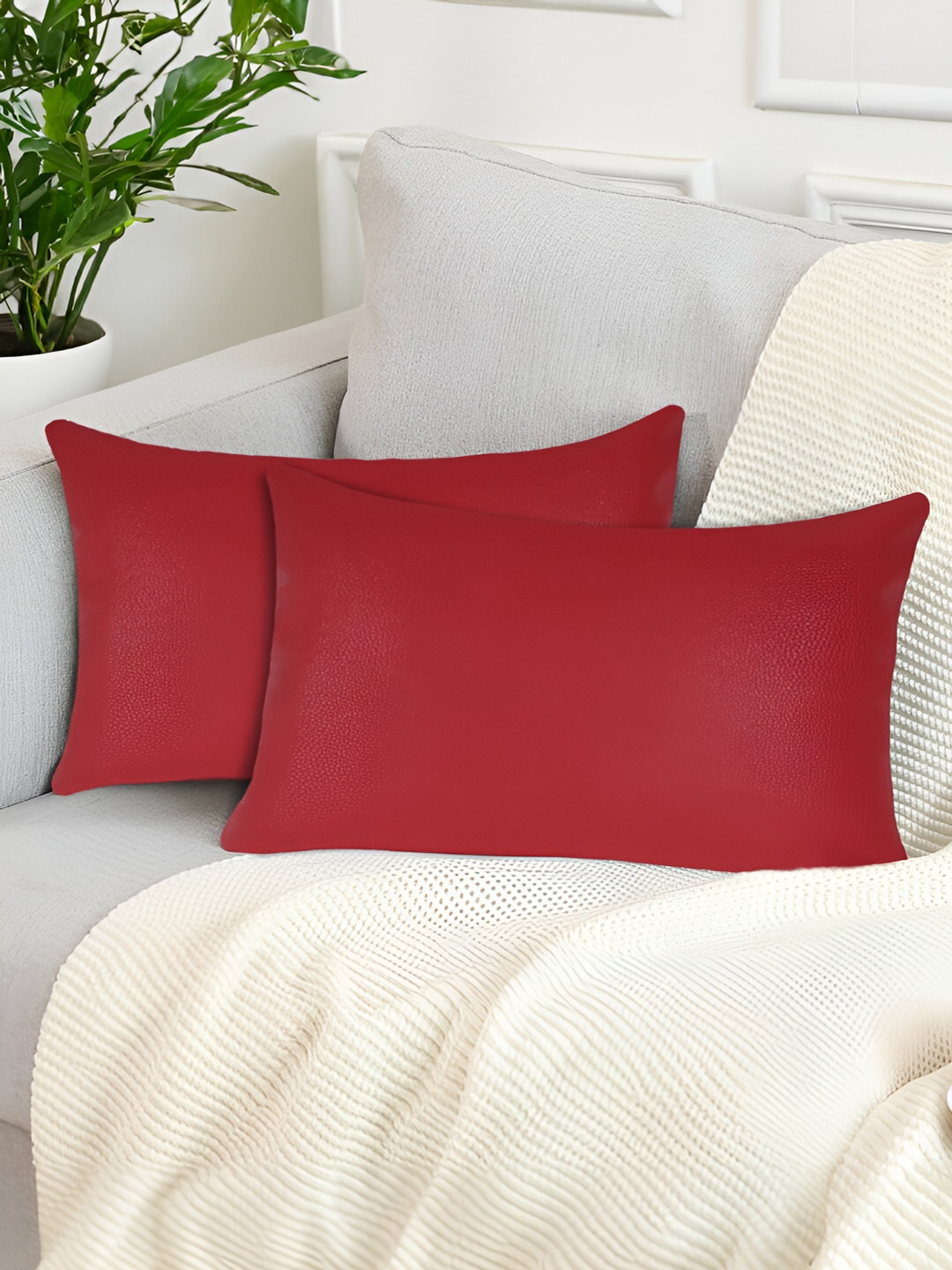 Tesmare Red 2 Pcs Leather Rectangle Cushion Covers