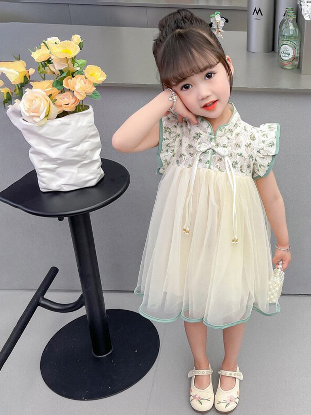 StyleCast x Revolte Cream Coloured & Green Floral Printed Bow Detailed Fit & Flare Dress