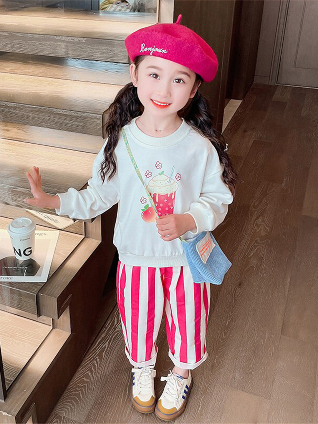 StyleCast x Revolte Girls White & Red Printed Top with Pyjamas