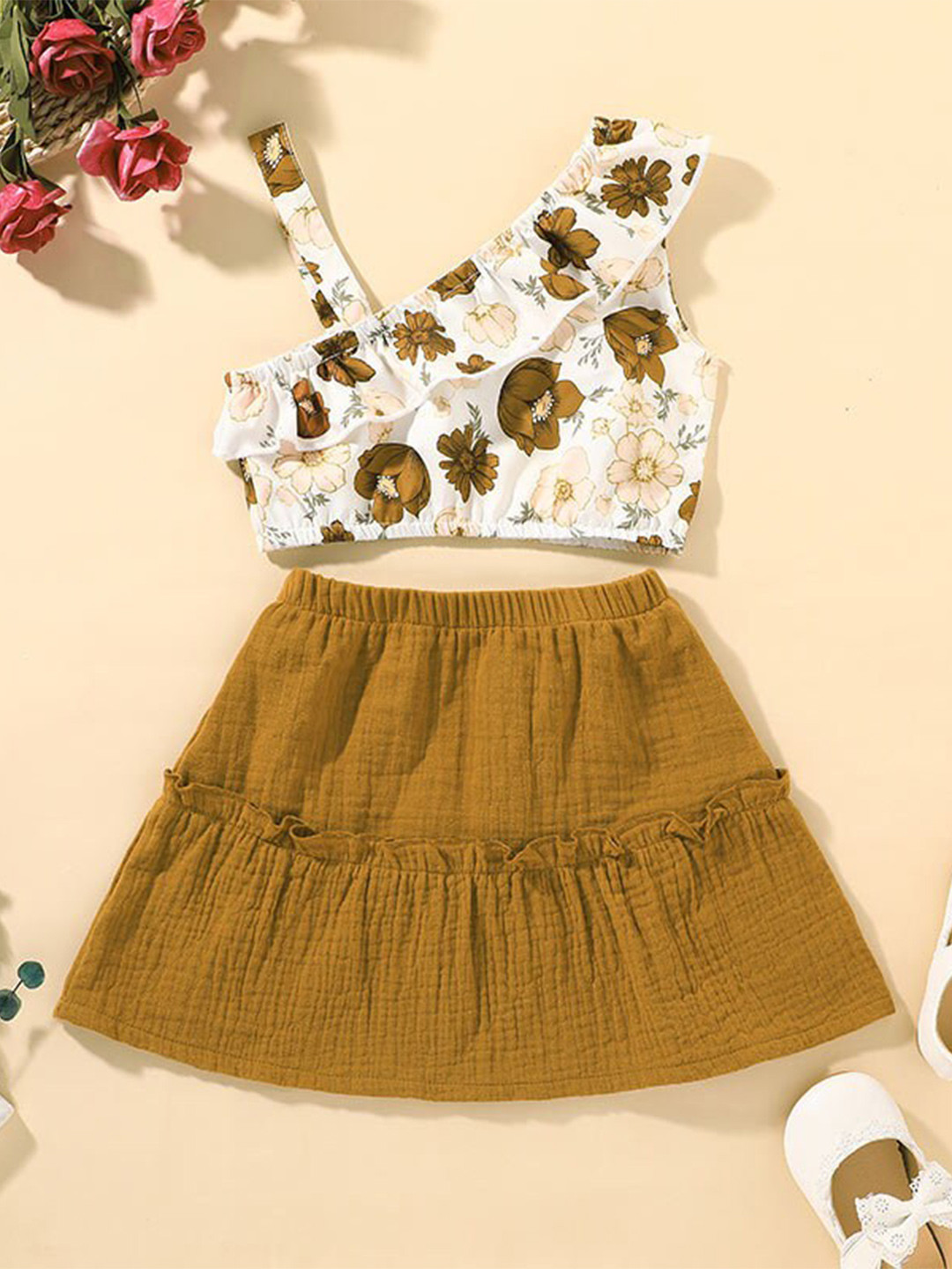 StyleCast x Revolte Girls White & Brown Printed Top with Skirt