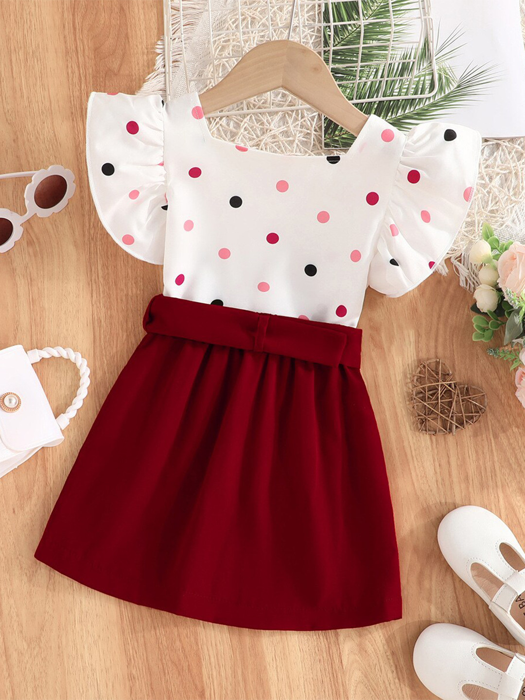 StyleCast x Revolte Girls Red & White Square Neck Printed Top with Skirt