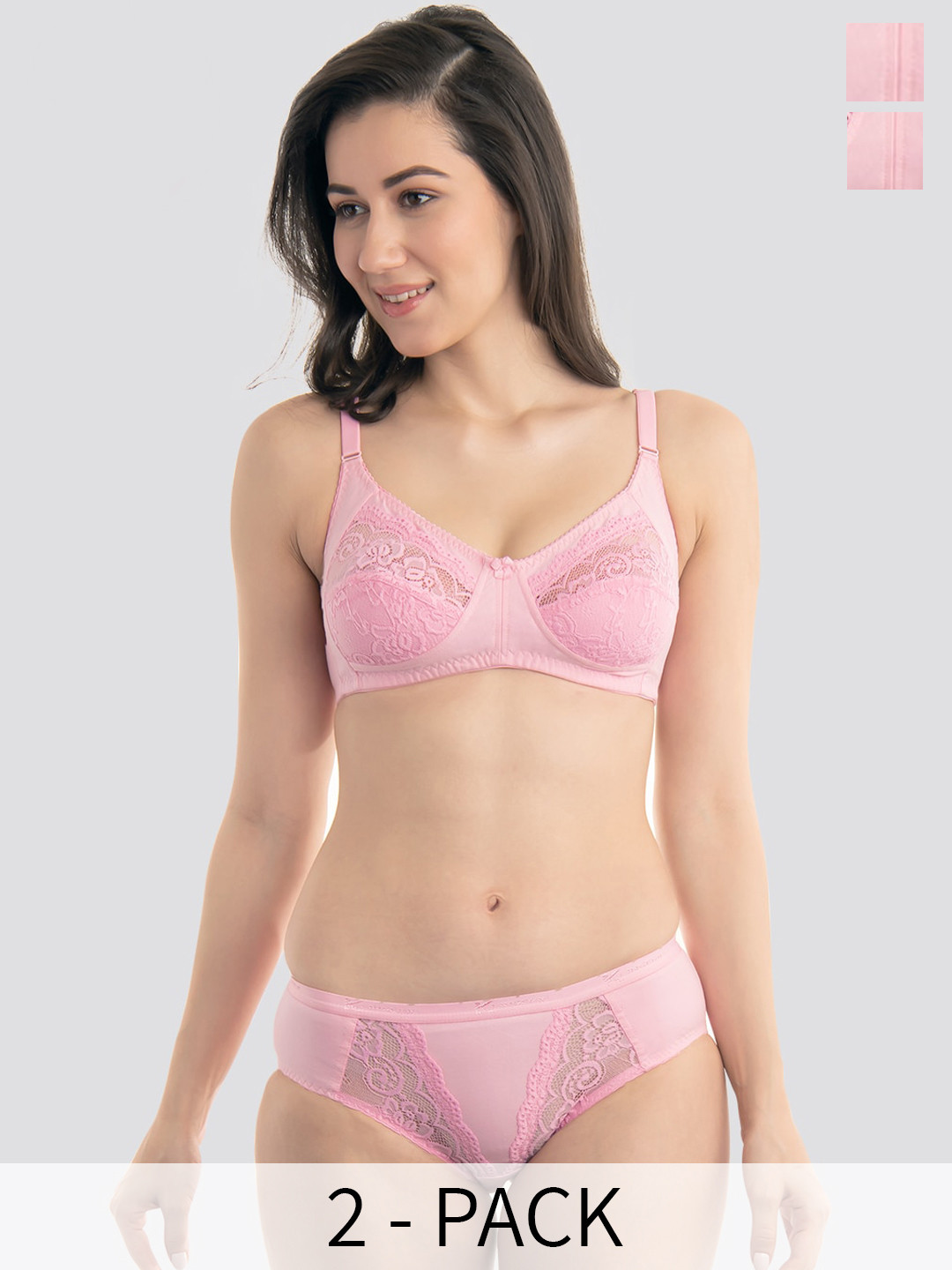 K LINGERIE Pack of 2 Audi Bikini Cut Lace Bra Panty Set PNK-PNK