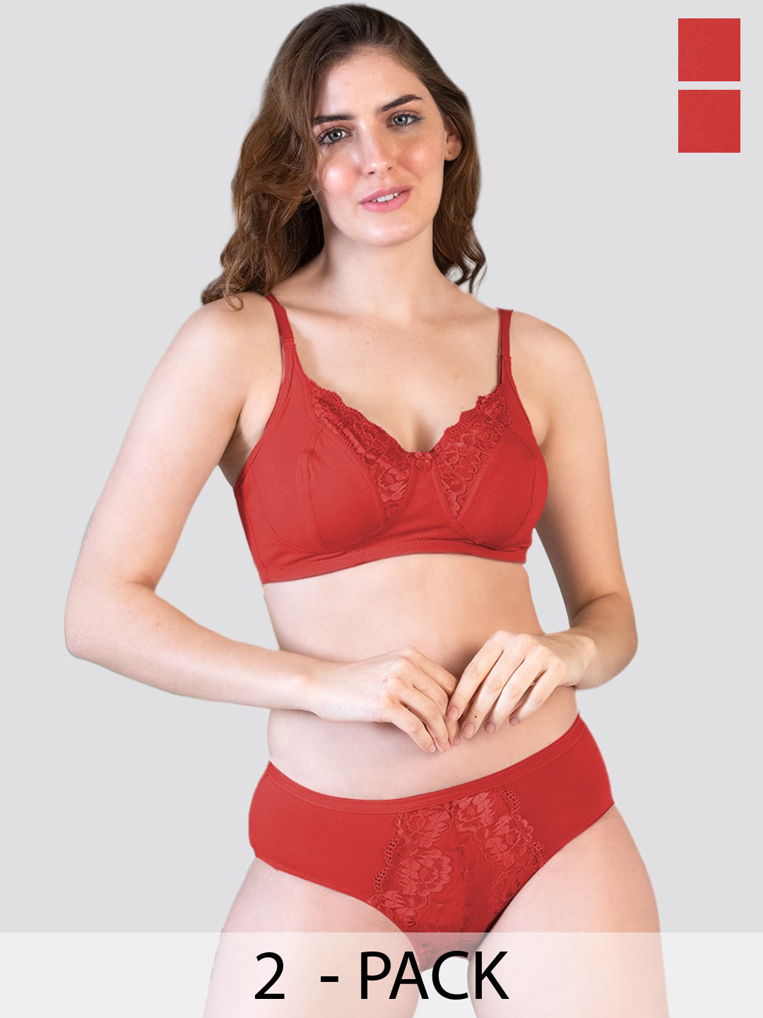 K LINGERIE Pack of 2 Malini Wirefree Comfort Lace Detailing Lingerie Set RD-RD