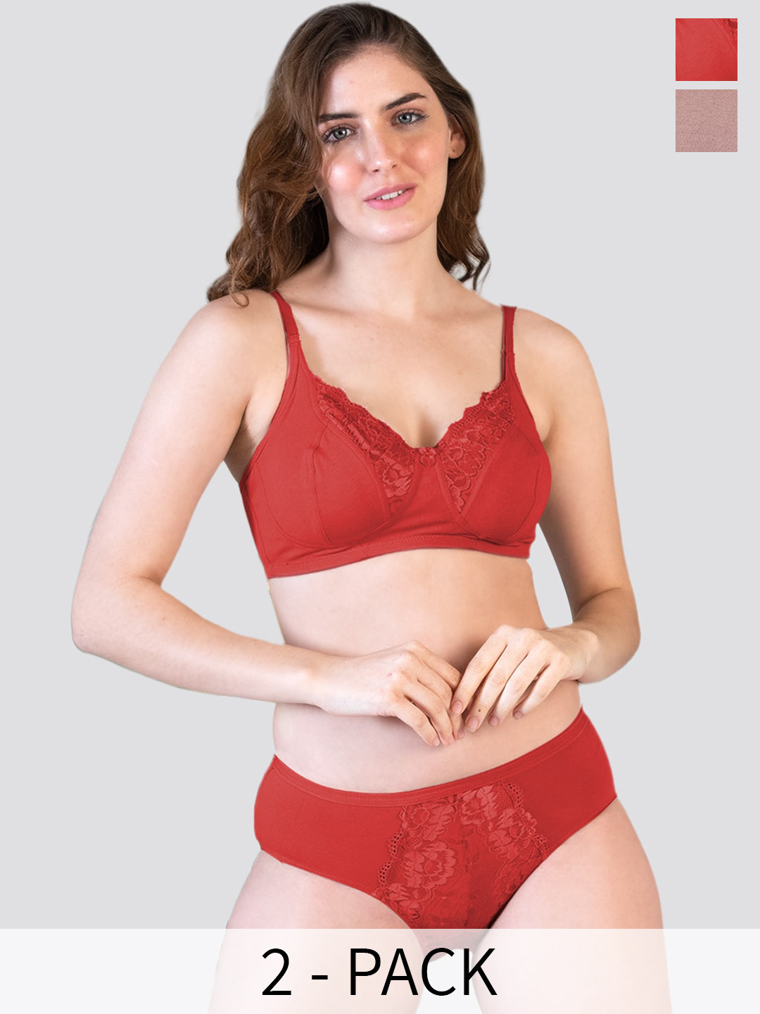 K LINGERIE Pack of 2 Malini Wirefree Comfort Lace Detailing Lingerie Set RD-FWN