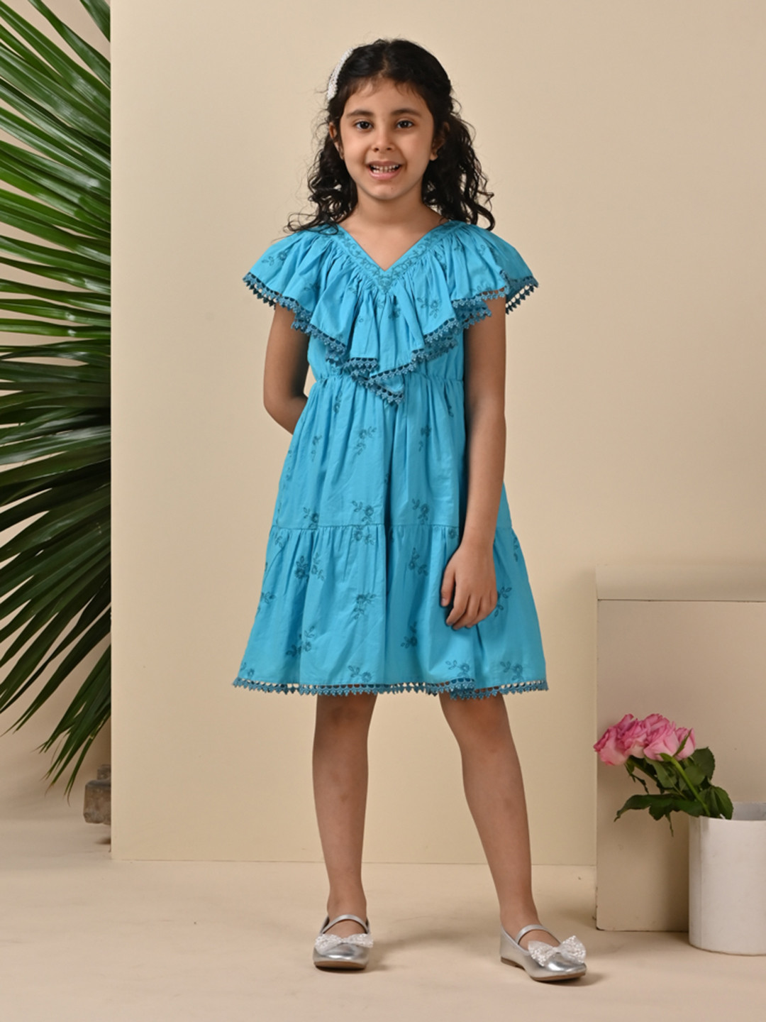 The Tribe Kids Girls Embroidered Knee Length Fit and Flare Pure Cotton Beach Wear Dress