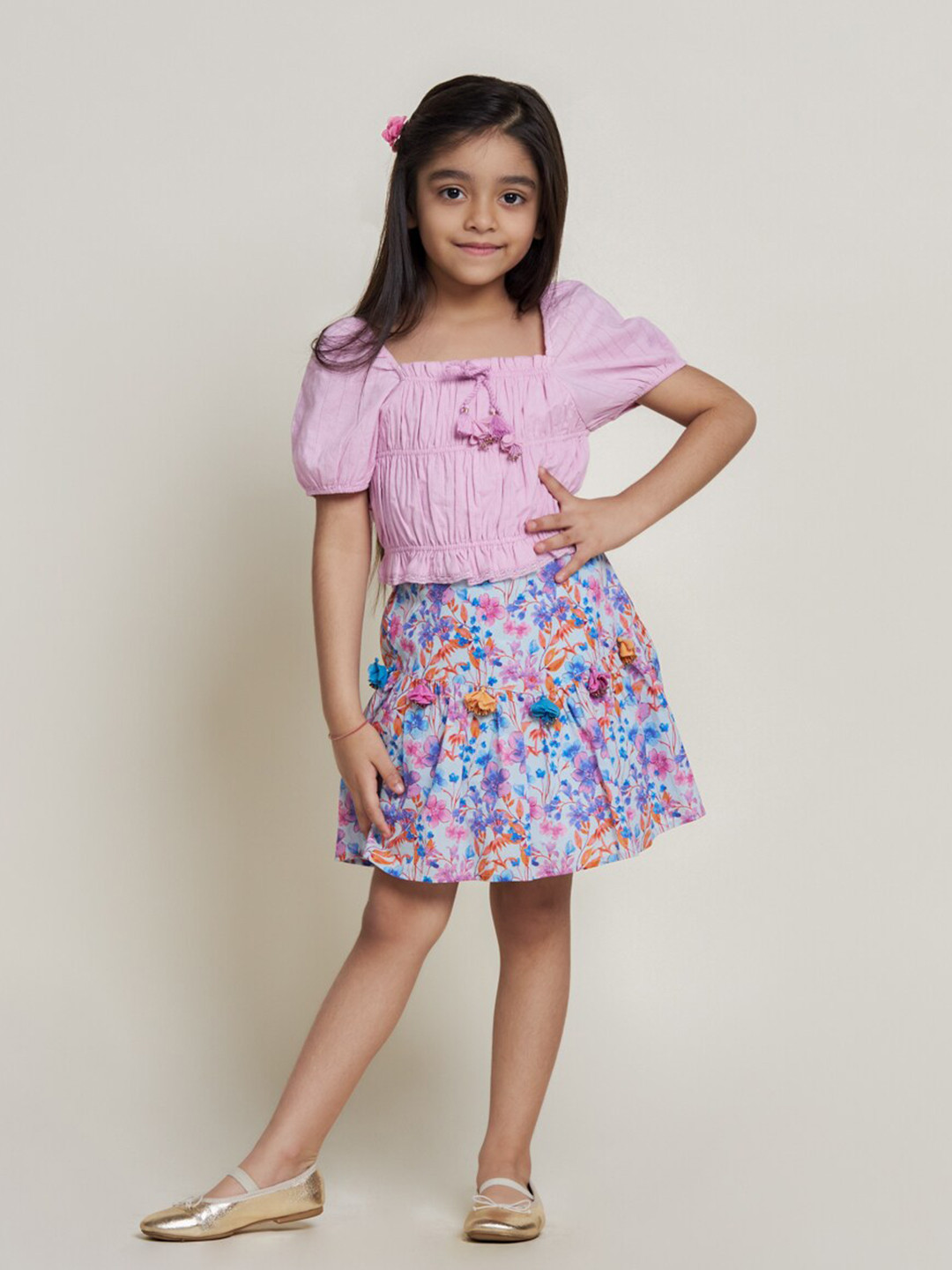 The Tribe Girls Floral Print Puff Sleeve Cotton Top