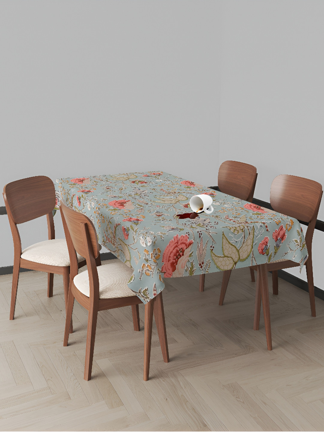 Trance Home Linen Green Floral Cotton 6 Seater Table Cover with Textured details