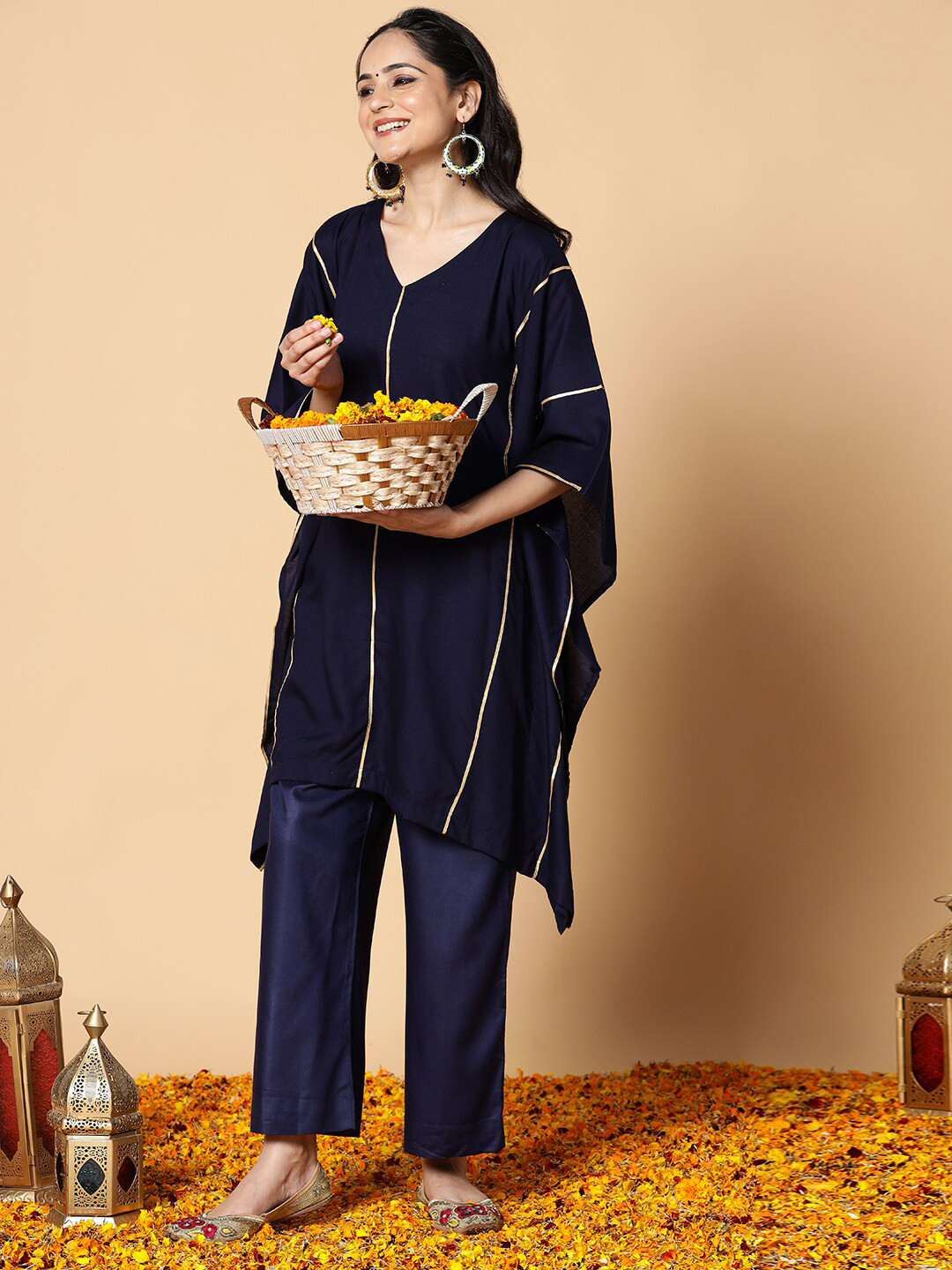 LetsDressUp Printed V-Neck Pleated Kaftan Kurti