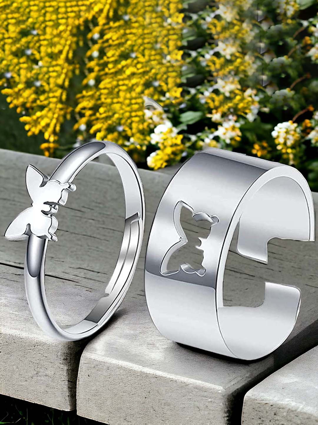 Okos Set Of 2 Rhodium Plated Fluttering Butterfly Couple Adjustable Finger Rings