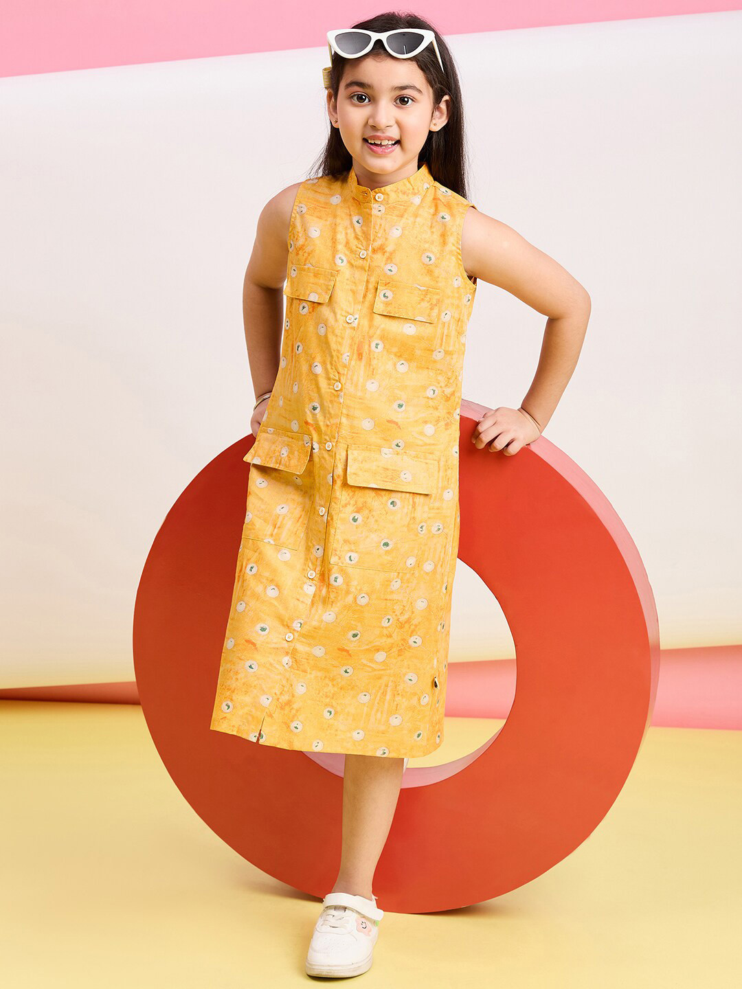 StyloBug Floral Print Mandarin Collar Cotton A-Line Midi Dress