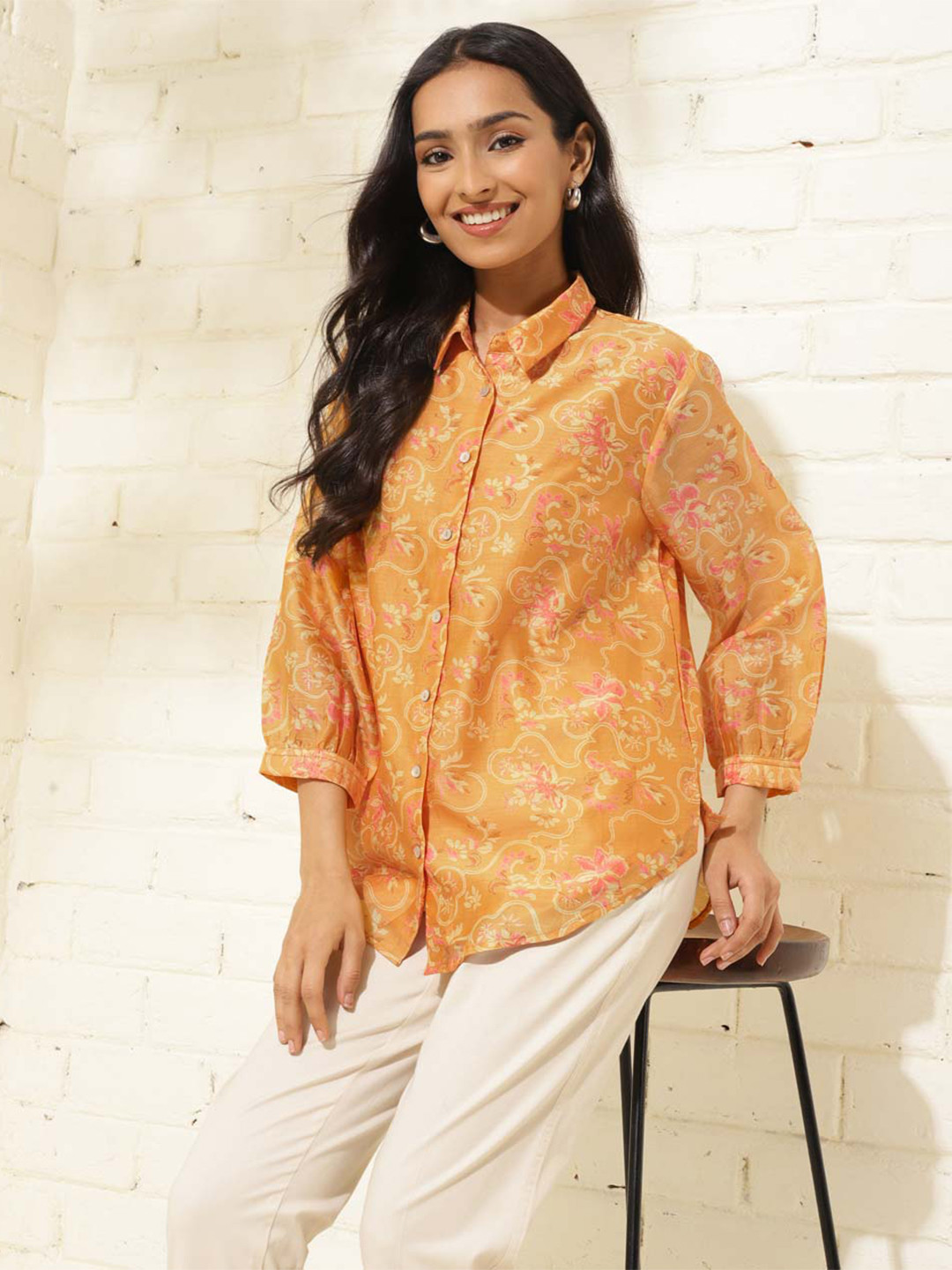 Fabindia Geometric Printed Spread Collar Long Sleeves Part Shirt