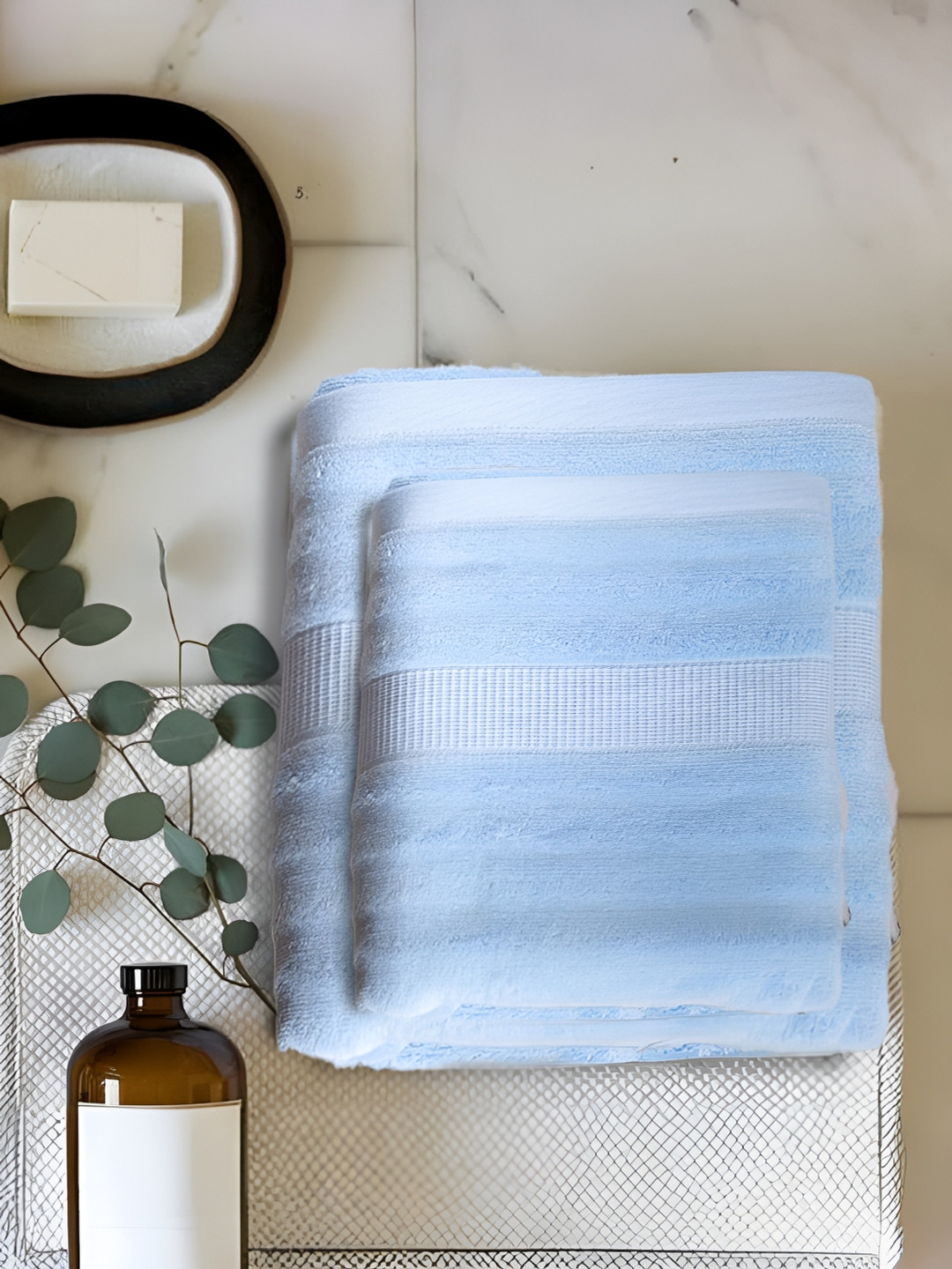 MUSH Blue 2 Piece Striped 100% Bamboo 500 GSM Towel