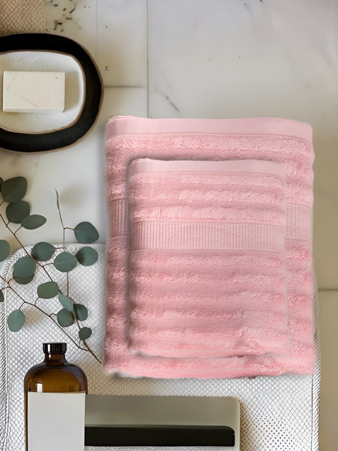 MUSH Pink 2 Pieces Striped 100% Bamboo 500 GSM Towel