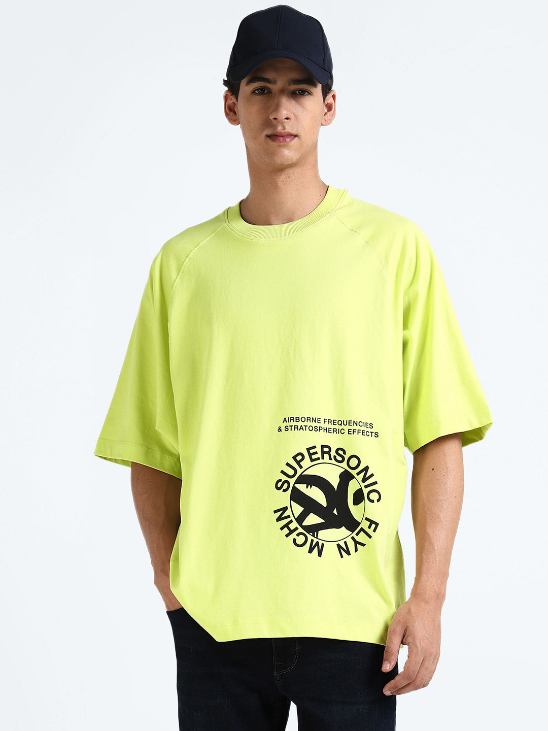 Flying Machine Graphic Printed Drop-Shoulder Sleeves Cotton Oversized T-shirt