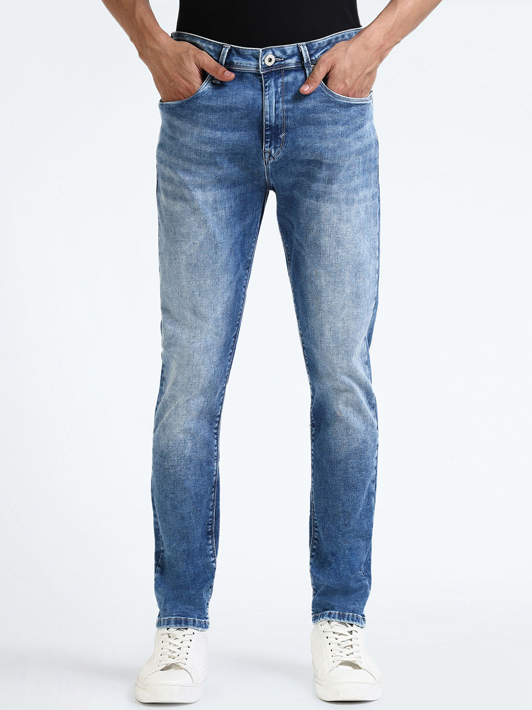 Flying Machine Men Tapered Fit Clean Look Heavy Fade Stone Wash Stretchable Jeans