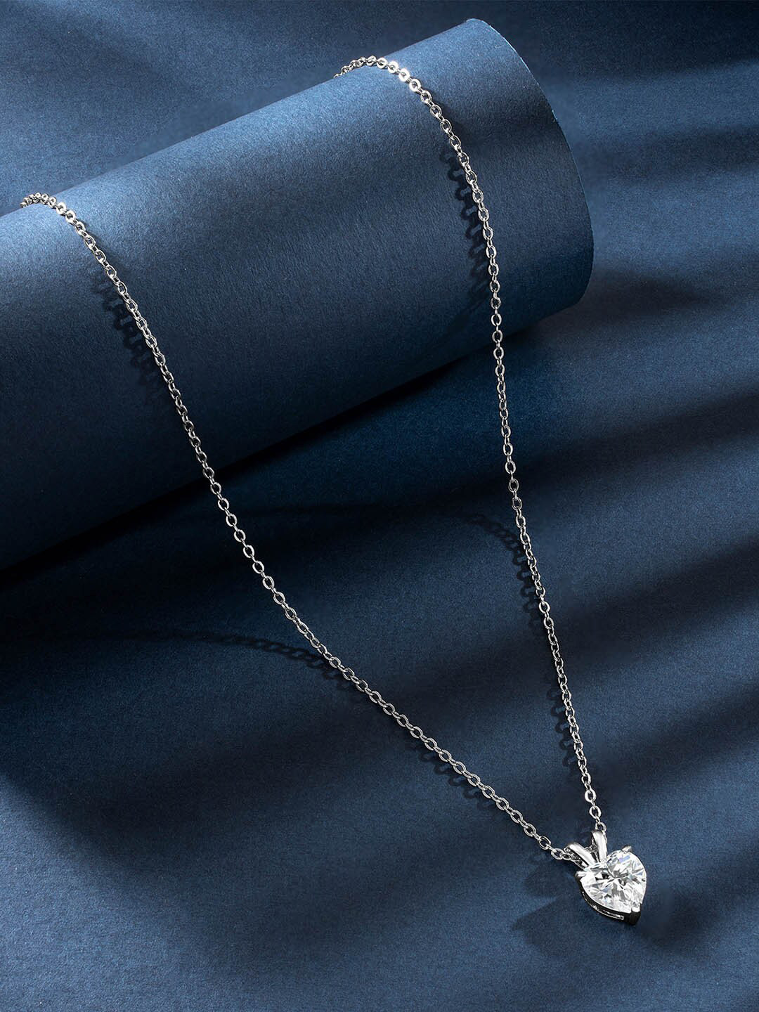 Peora Silver-Plated Cubic Zirconia Studded Heart Shaped Pendant with Chain