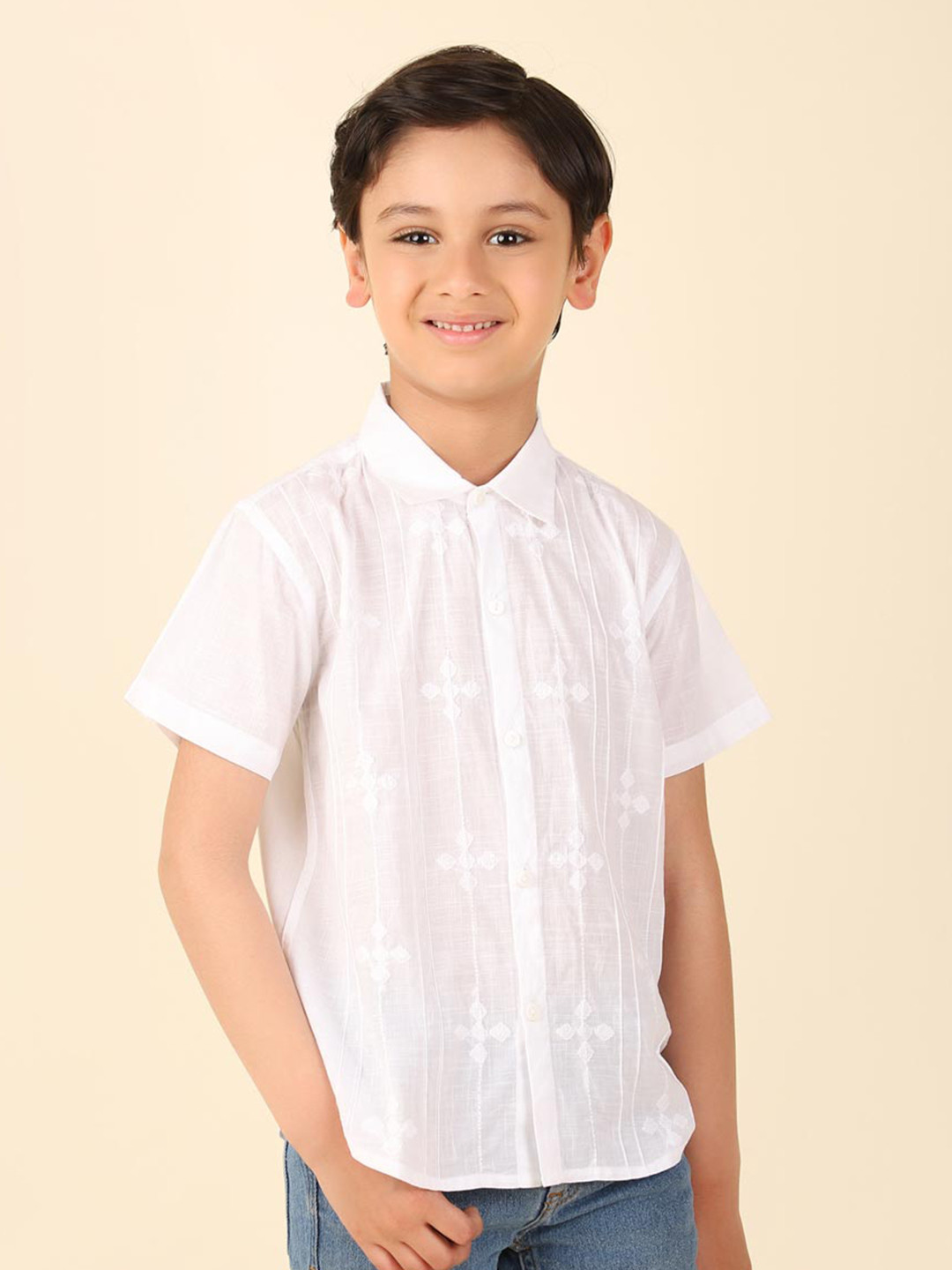 Fabindia Boys Striped Cotton Chikankari Shirt