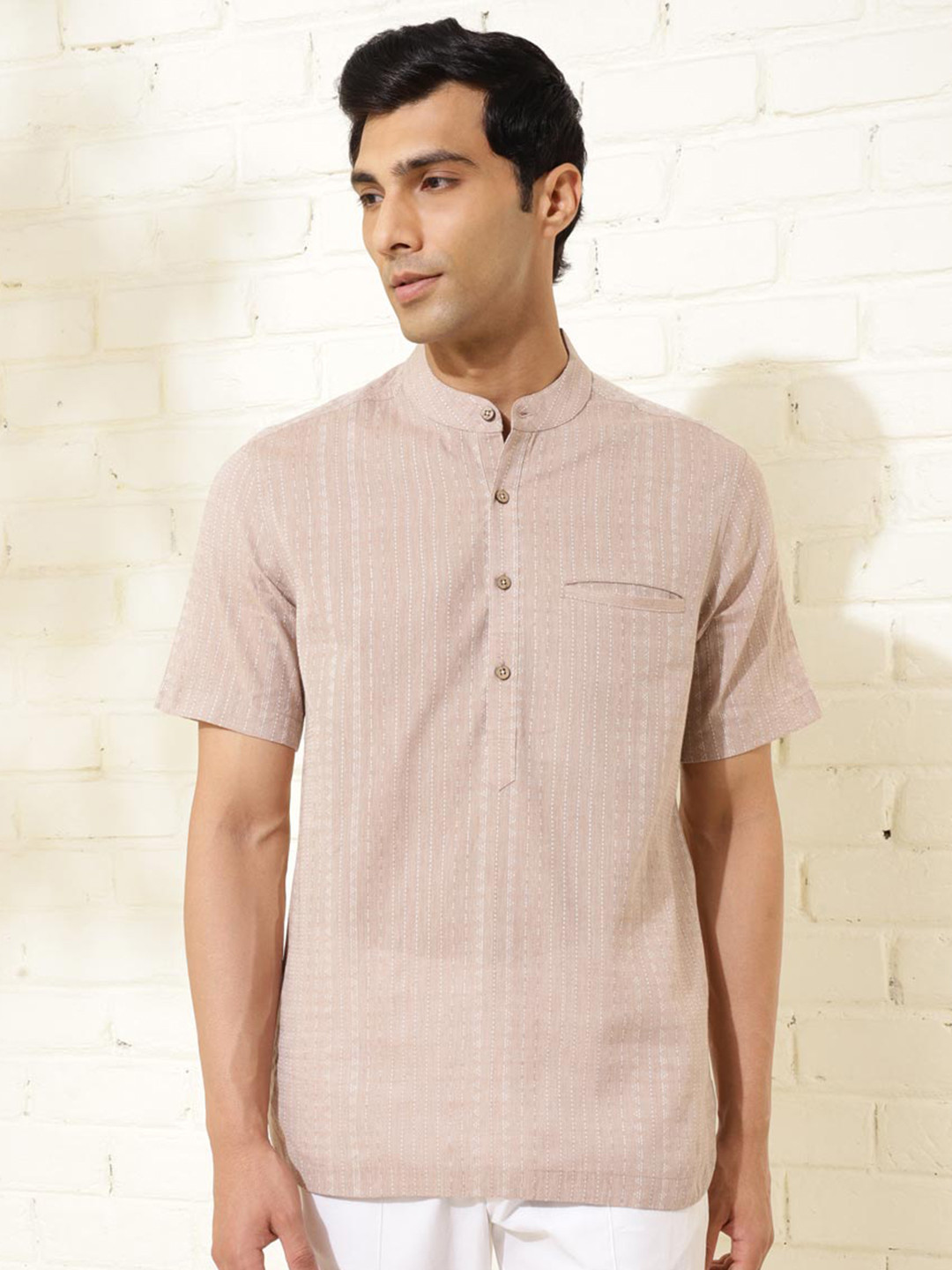 Fabindia Slim Fit Micro Checked Mandarin CollarCasual Shirt