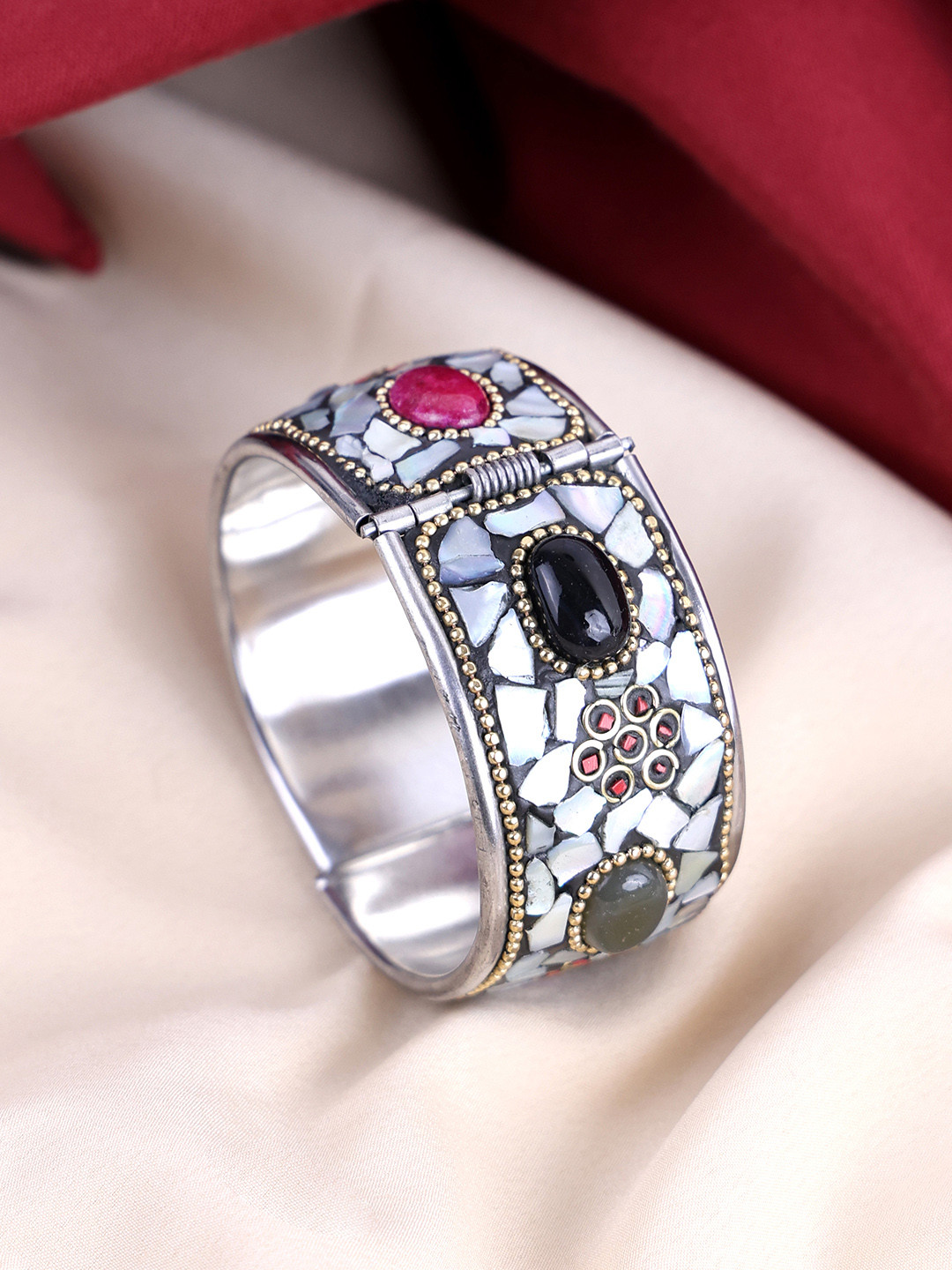 PANASH Oxidised Silver Plated Multi Color Stone Studded Kada Bracelet