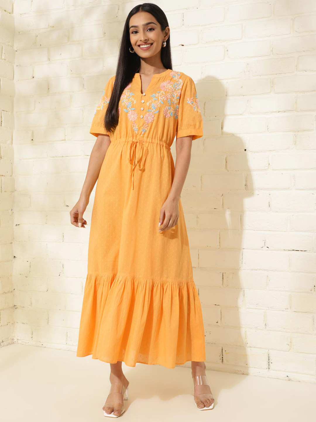 Fabindia Floral Embroidered Cotton Fit & Flare Maxi Dress With Slip