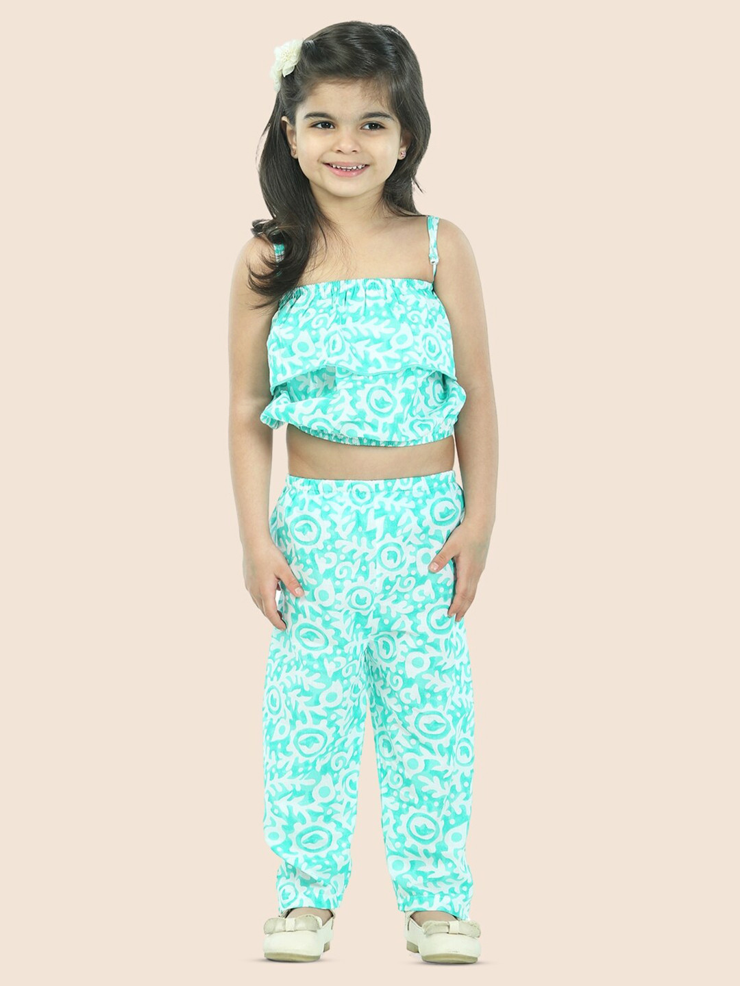 JUNITOS Girls Printed Pure Cotton Crop Top & Pyjamas Clothing Set