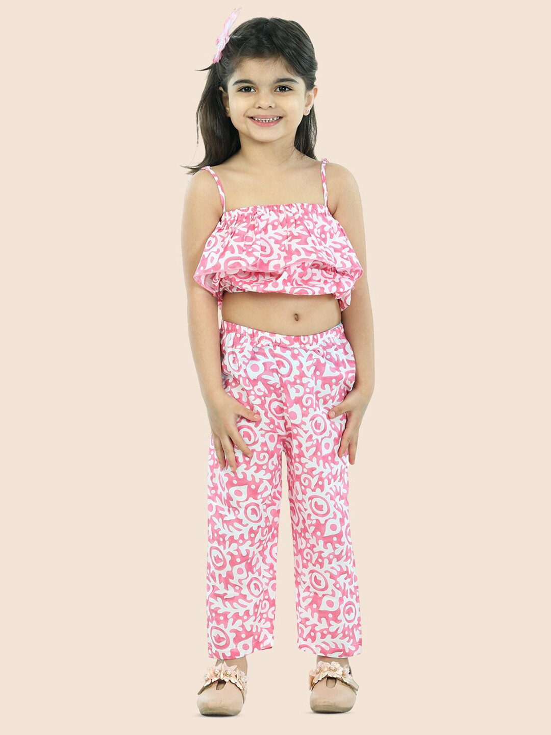 JUNITOS Girls Printed Pure Cotton Crop Top & Pyjamas Clothing Set