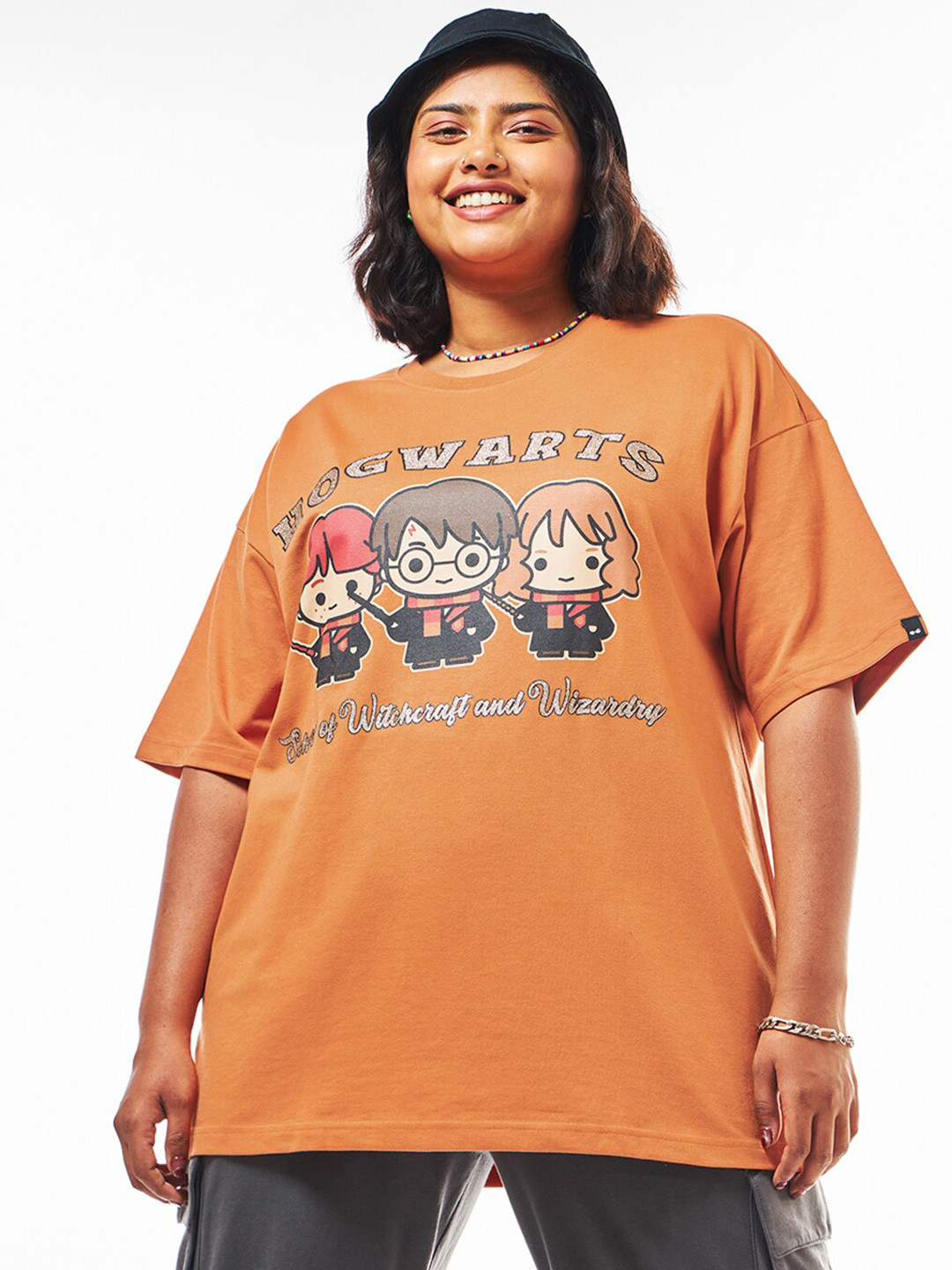 Bewakoof Heavy Duty 1.0 Women Orange Golden Trio Graphic Printed Oversized Plus Size T-shirt