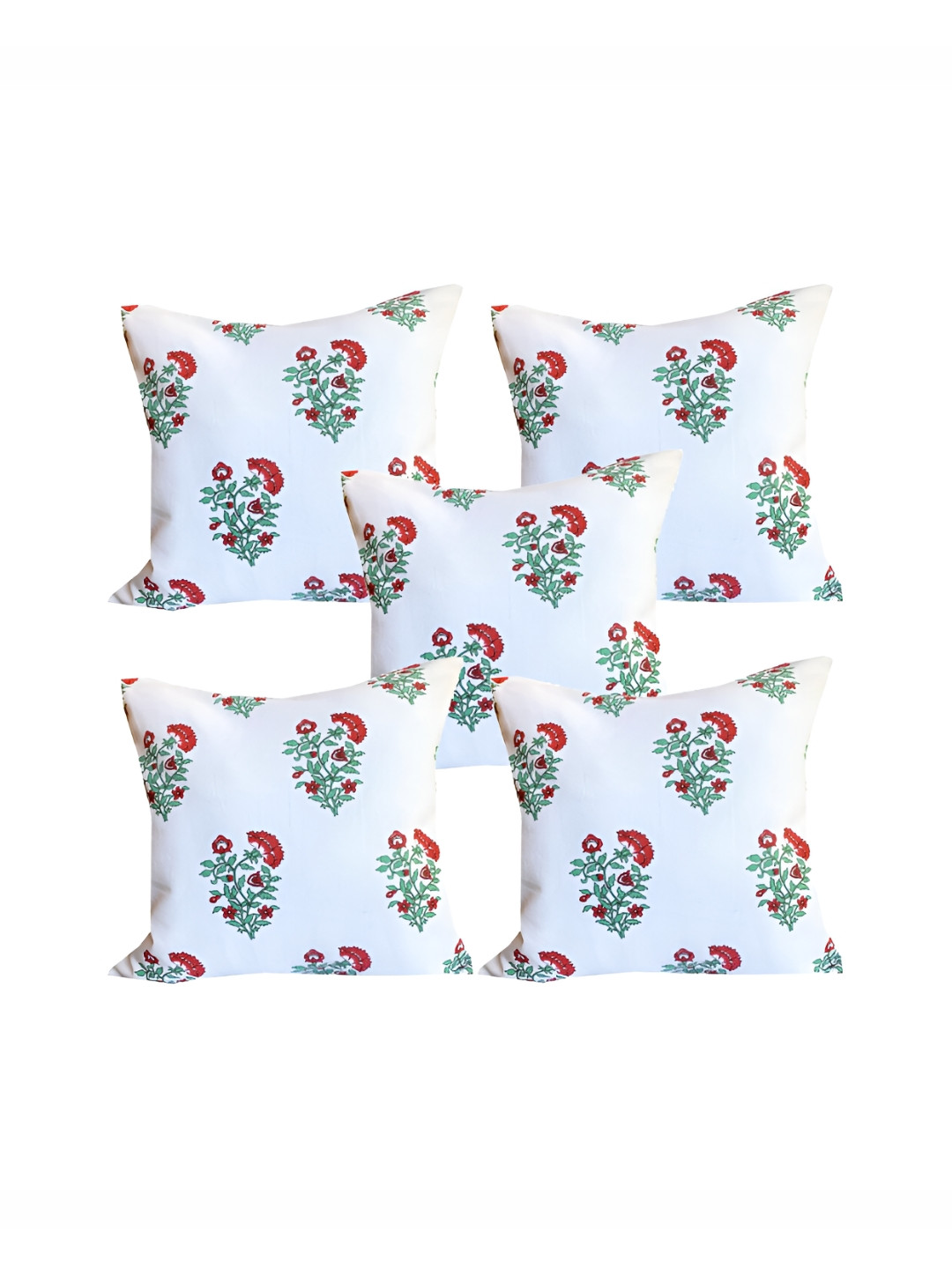 Pink Parrot Block Print White Floral Silk Breathable 5 Pcs Square Cushion Covers -16x16In