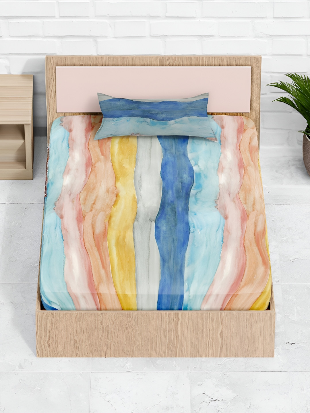 Ratan Cart Blue Abstract Cotton 130 TC Single Bedsheet with a Pillow Cover-104 x 104 inches