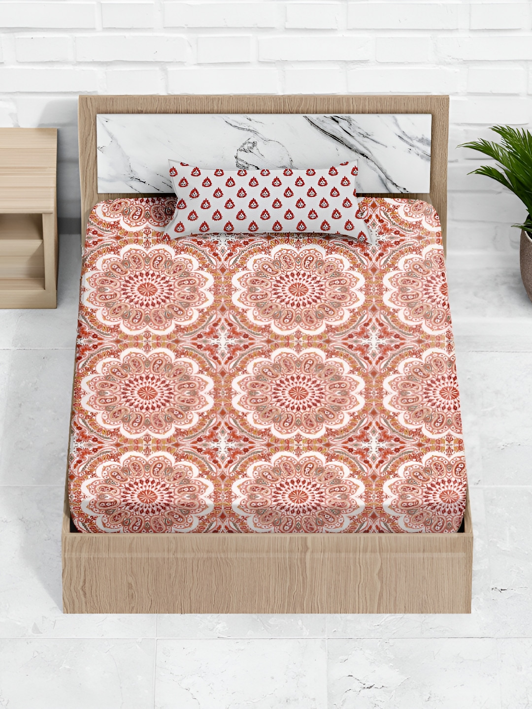 Ratan Cart Red Ethnic Motifs Cotton 130 TC Single Bedsheet with a Pillow Cover-90 x 60 inches