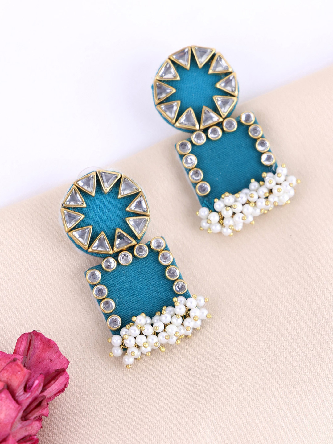 PANASH Gold-Plated Stones-Studded And Beaded Drop Earrings