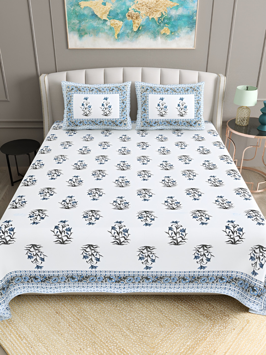 BELLA CASA White Floral Cotton 180 TC King Fine Bedsheet with 2 Pillow Covers-90 x 108 inches