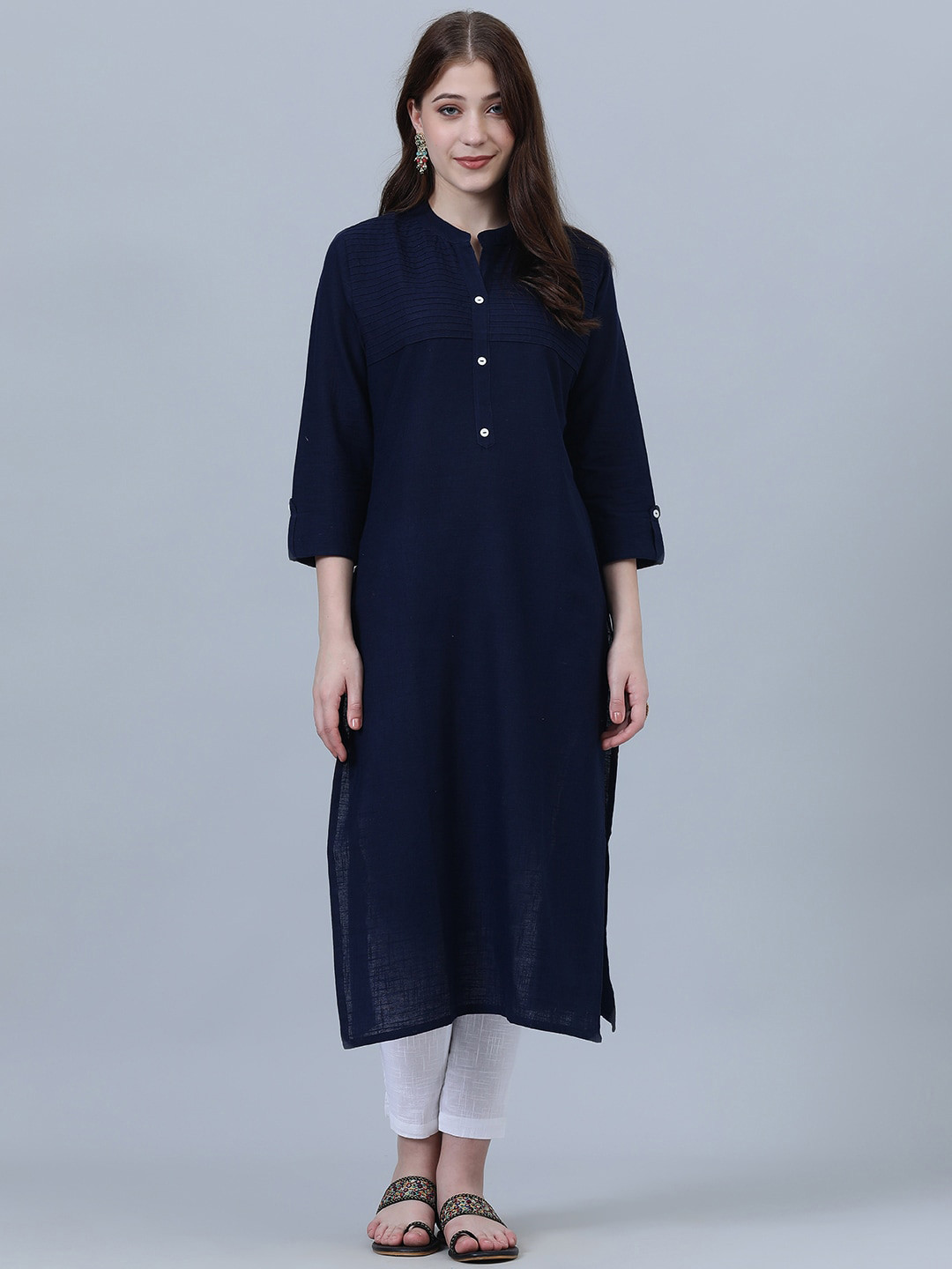 SHOOLIN Mandarin Collar Roll Up Sleeves Cotton Straight Kurta