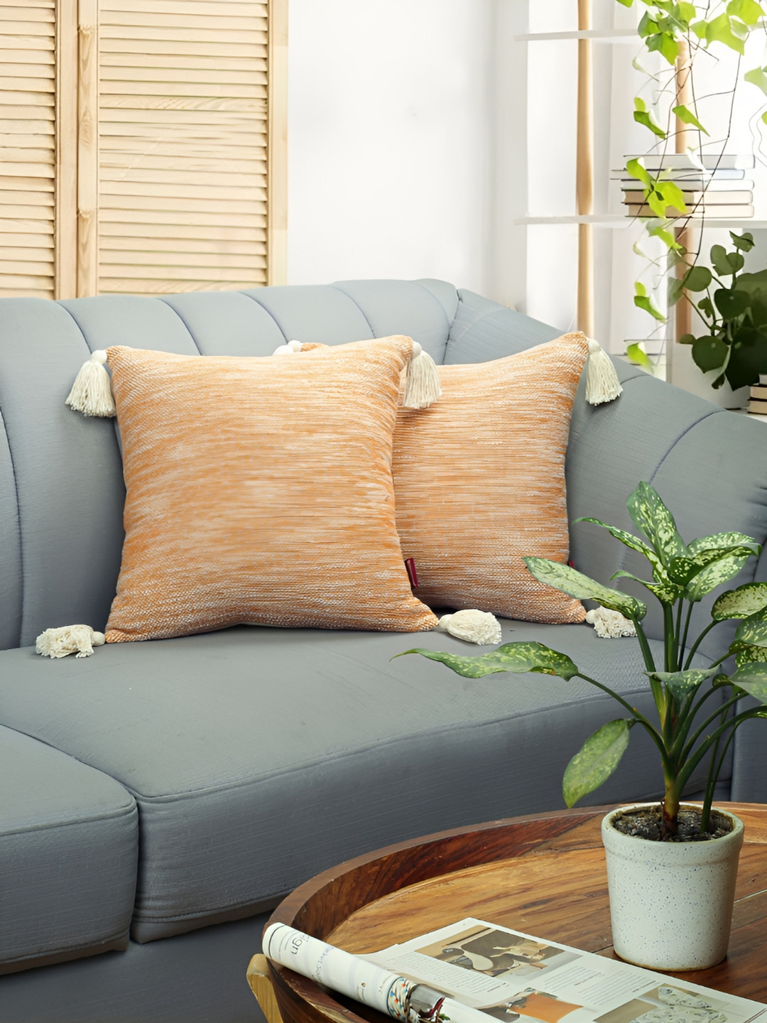 HOMADORN Bohemian Yellow Striped Cotton Breathable 2 Pcs Textured Cushion Covers -16x16In