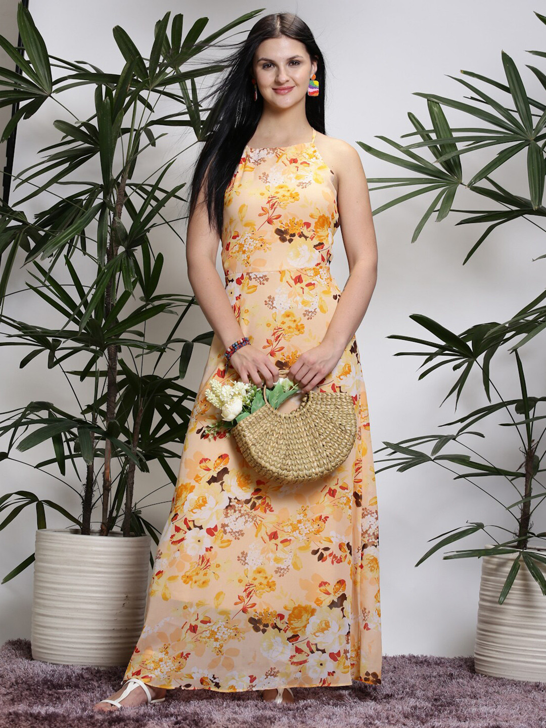 Sera Yellow Halter Neck Floral Print Georgette Maxi Dress
