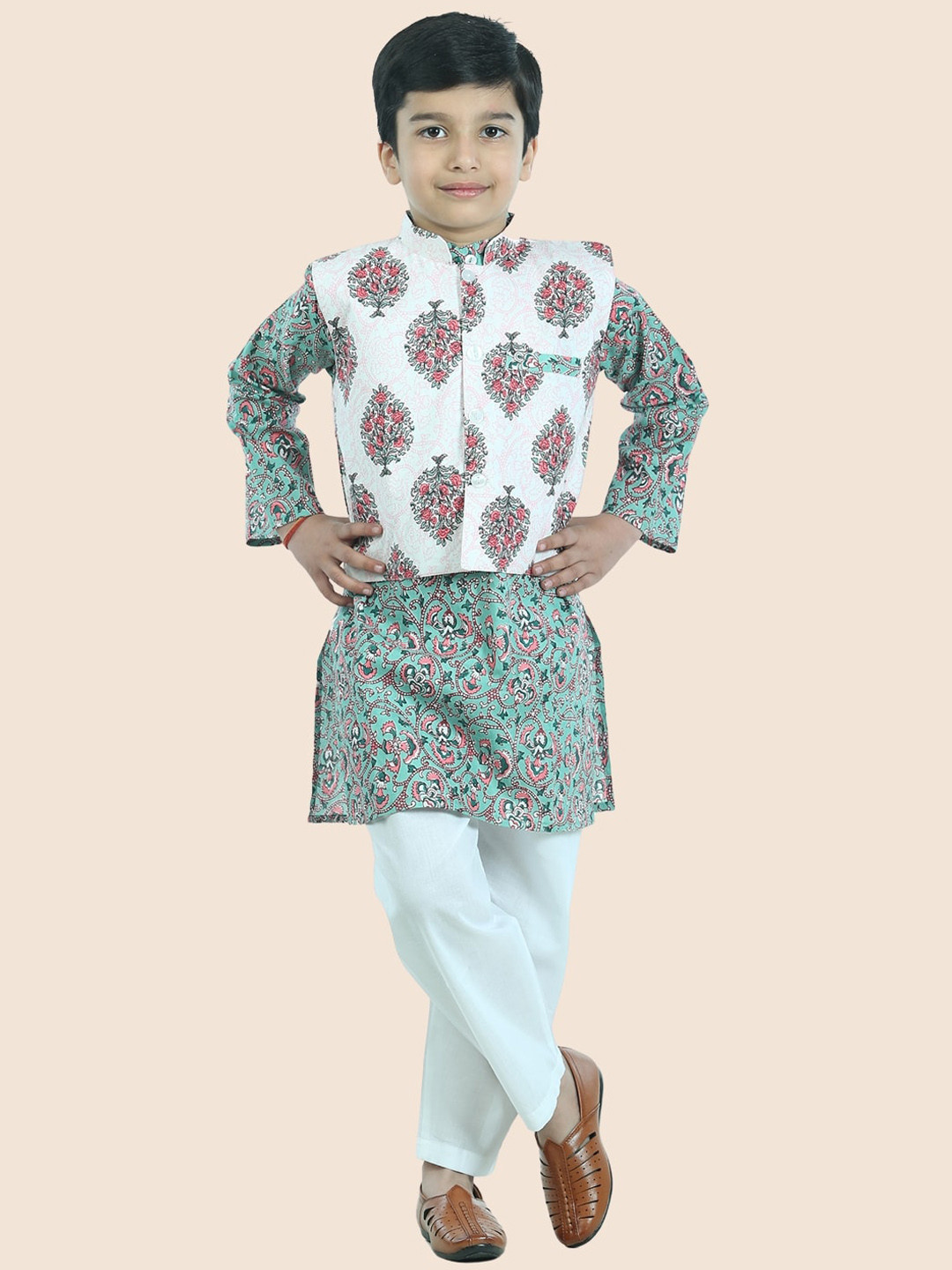 JUNITOS Boys Floral Printed Mandarin Collar Pure Cotton Straight Kurta Pajama With Jacket