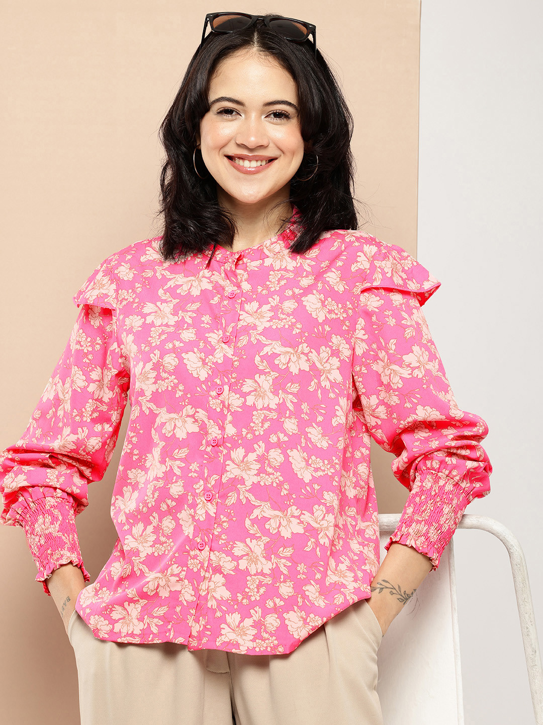 encore by INVICTUS Floral Printed Band Collar Smocked Casual Shirt