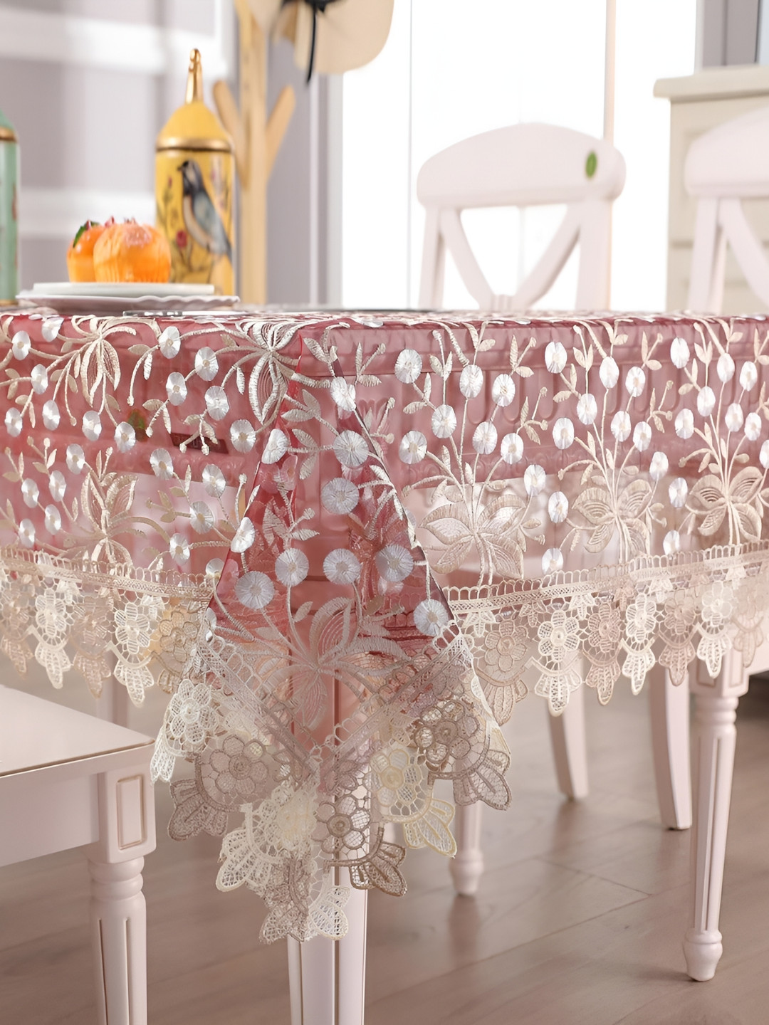 TANLOOMS Maroon & White Floral Embroidery Anti-Skid 8-Seater Tissue Table Cover