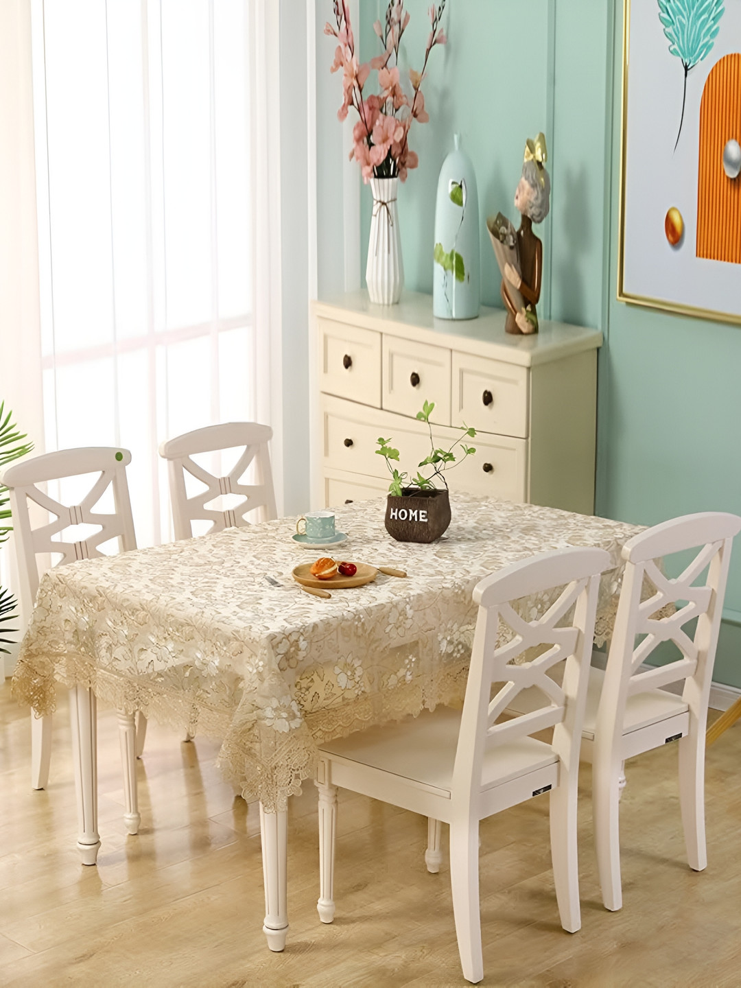 TANLOOMS Beige & Cream Floral Embroidered 8-Seater Table Cover