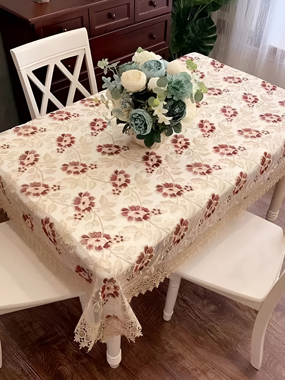 TANLOOMS Beige & Maroon Floral Embroidery Anti-Skid 2-Seater Tissue Table Cover