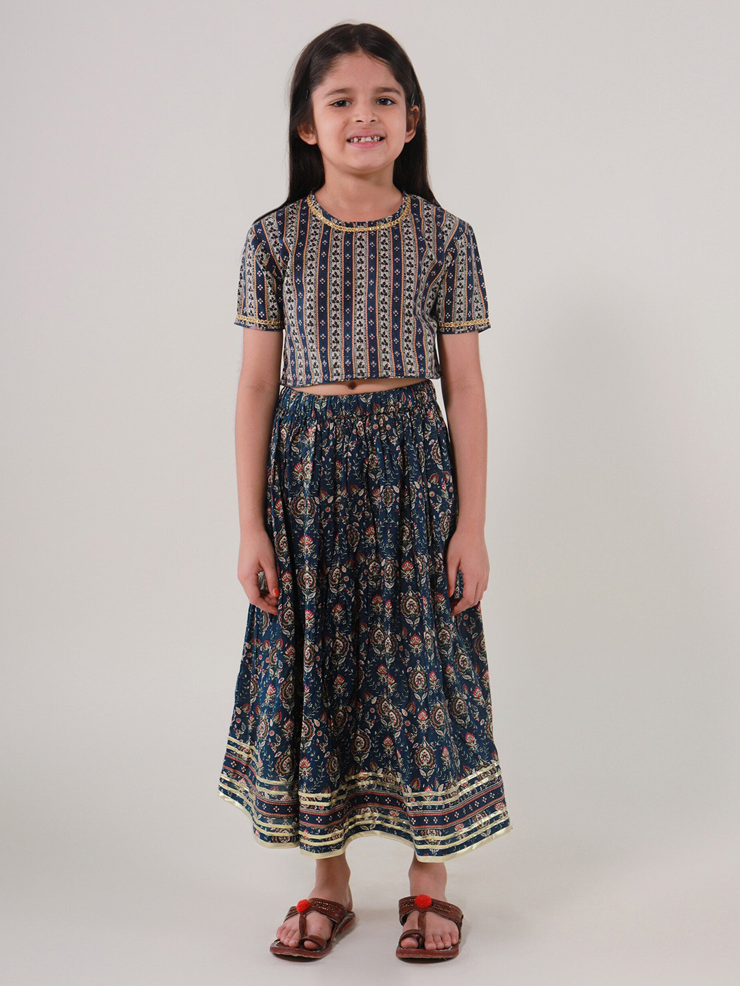 Sangria Girls Navy Blue Printed Cotton Lehenga With Choli