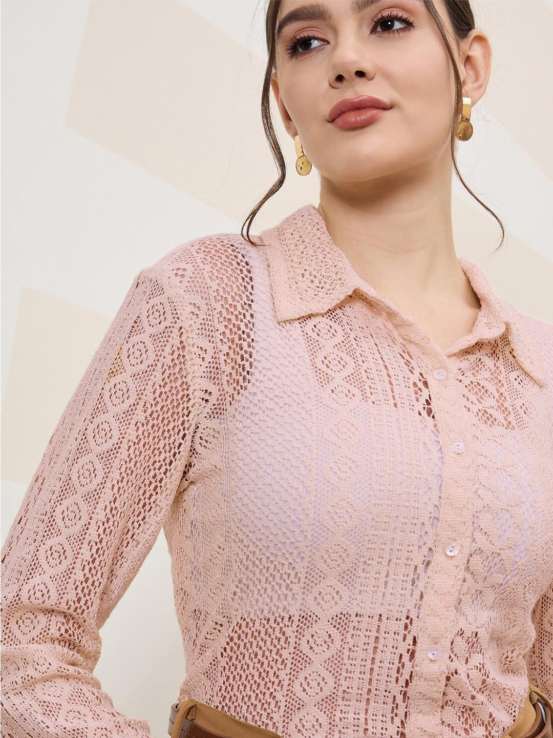 Shally Bhasin by Athena Self Design Cuffed Sleeves Lace Inserts Semi Sheer Shirt Style Top
